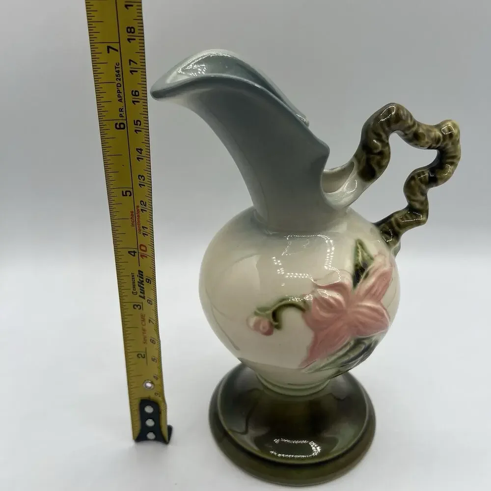 VTG Hull Pottery Woodland Ewer Pitcher W6 6½” Pink Floral Green Handle USA